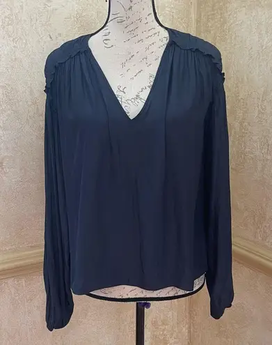 Ramy Brook Womens Navy Ruched Sleeve
V-Neckline Silky Blouse Sz XS