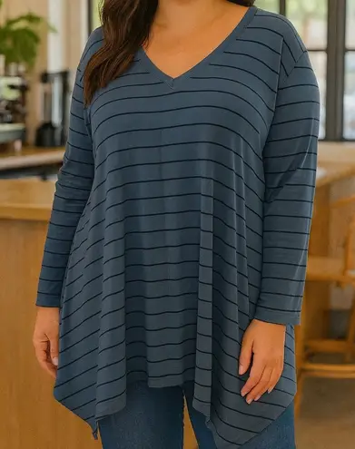 Garnet Hill Slate Blue Navy Striped Tunic XL Hankerchief Hem Boho Popover