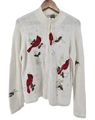 Tiara International Red Cardinal & Holly Embellished Cardigan Sweater Large White