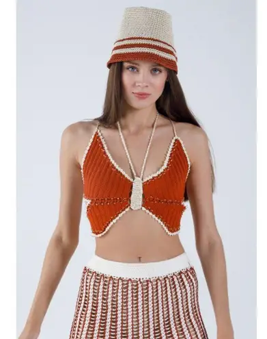 My Beachy Side Crochet Beaded Butterfly Halter Top Flame Womens M/L Red Size undefined