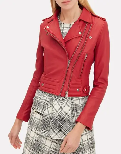 IRO Luiga Cropped Moto Jacket Women 36 Red Silver Double Zip Button Long Sleeve