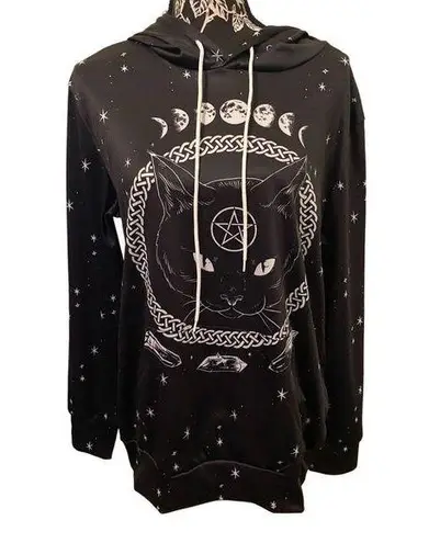 FancyQube Black Cat Hoodie Moon Pentagram Goth Gothic Punk Grunge Witch Occult