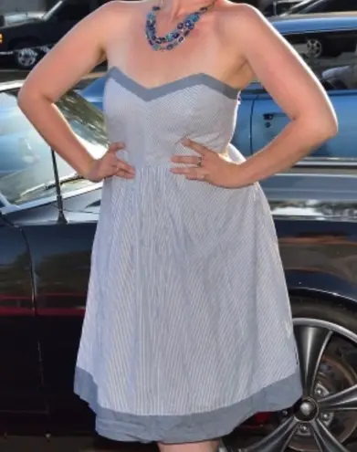 Peach Love California MD Peach Love blue white stripe halter A line dress