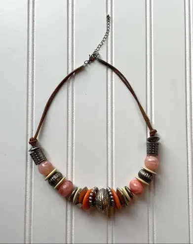 Beaded Necklace Chunky BOHO Leather Cord Orange Pink Gold Bougie Fashion Jewelry