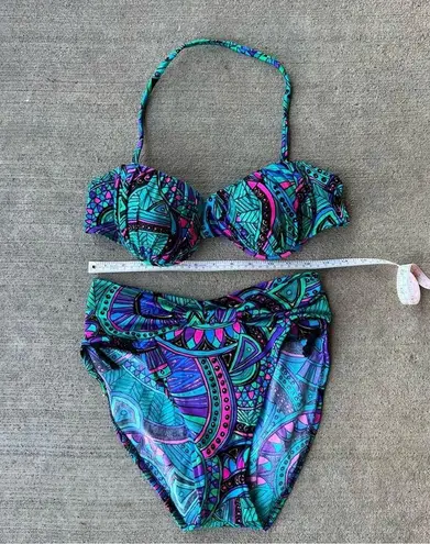 Catalina Vintage Teal Purple Paisley French high Cut Bikini Swimsuit Set