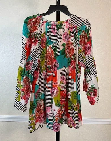 Bohemian Bright Floral Tunic Top Lightweight Stretch Blouse Ruffle Modest Office Pink Size L