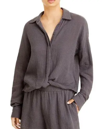 Revolve MONROW Gray Relaxed Gauze Twist Front Top Long Sleeve Button Front XS New