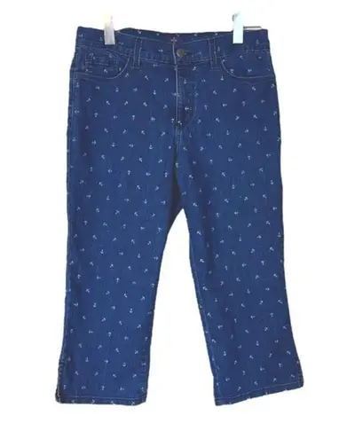 NYDJ Crop Jeans Nautical Anchor Print Mid Rise Medium Blue Wash Women’s Size 10