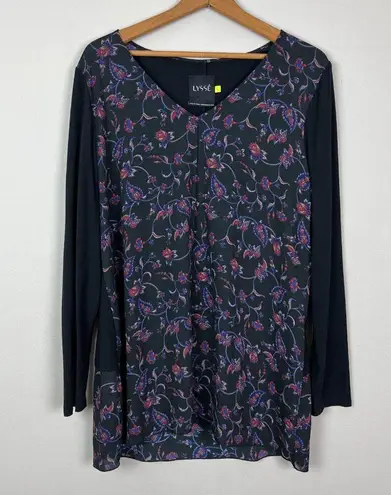 Lysse Tunic Top Womens Large Black Floral Sheer Mixed Media Long Sleeve V-Neck L