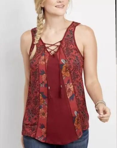 Maurice's  Mixed Media Lace Up Burgundy Floral Tank Top; size XL