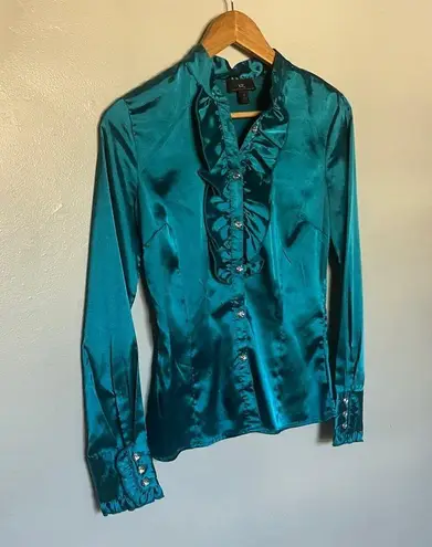 Iz Byer  Teal Blue Satin Dressy Ruffle Accent Top Size S Faux Crystal Buttons