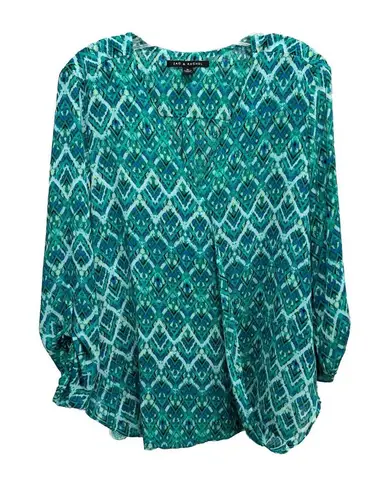 Zac & Rachel Green/Blue Geo Print Chiffon Long Tab Sleeve Blouse Size XL Wrap Blue