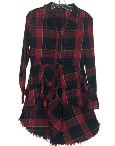 Belle Vere Sz M Plaid Frayed High Low Button Up Top Studded Waist Red Black