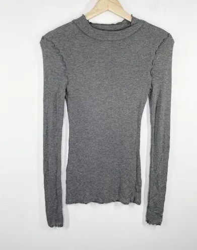 Hinge Grey Ribbed High Neck Ruffle Trim Long Sleeve Top Women's Size Small S