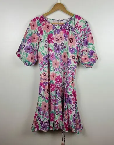 Fate Women Frances Floral Pleated Skirt Dress Sz L Puff Sleeve Colorful Feminine Pink Size L