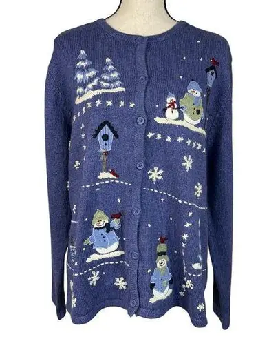 Croft & Barrow  X-Large Cardigan Sweater Snowmen Winter Snowflakes Crew Neck Blue