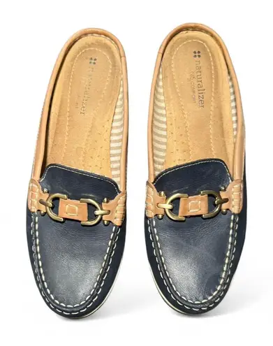 Naturalizer Hutton Leather Mule Loafers Navy Tan Size 8.5N Slip-On Comfort Shoes
