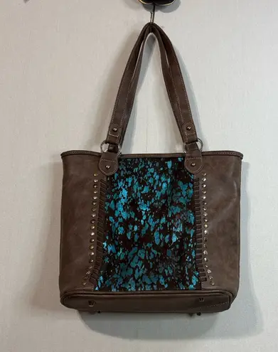 Trinity Ranch Elegant Brown Tote with Blue Accents