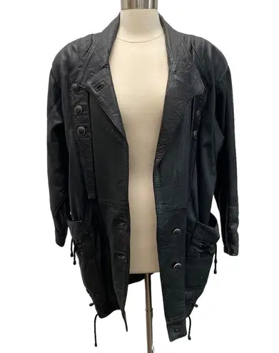 Vintage Longline Leather Jacket/Coat In Black Pirate Grunge Unisex Style Size L