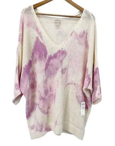 Chico's Chico’s 4 Womens XXL Linen Blend Sweater Floral V-Neck Cream Purple Knit Spring