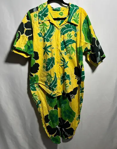 VTG Yellow Green Floral Hibiscus Hawaiian Shirt Dress Cover Up Tiki Hi Lo * Size XXL