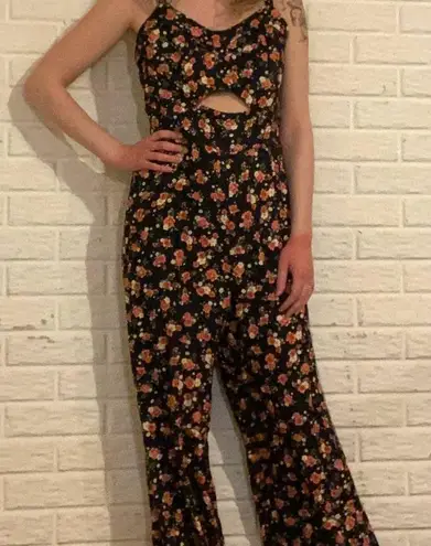 Farm Rio Retro Ditsy Floral Pin up Style Wide Leg Jumpsuit, Black, Size 6