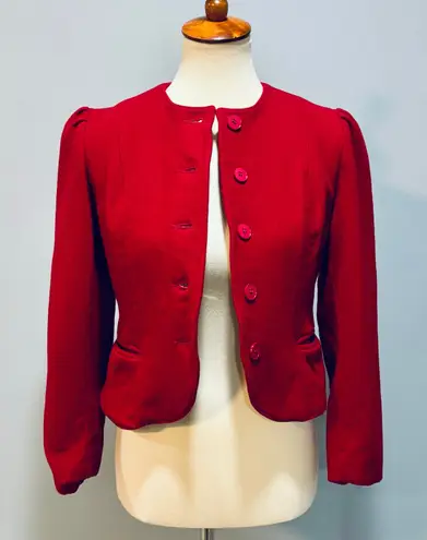 Vintage Christmas Red 60s Pure Wool Cropped Blazer Jacker, Size Small