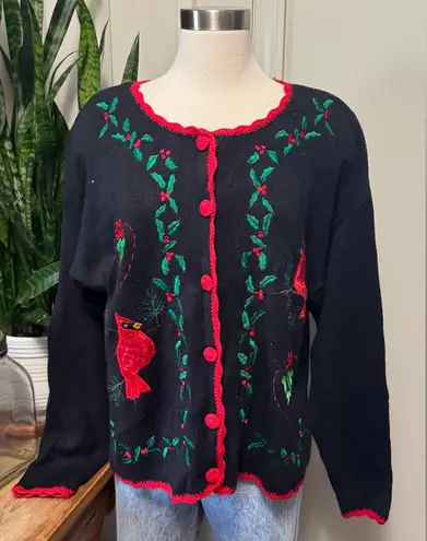 Vintage Holiday Cardinal Sweater Black Red Festive Embroidered women’s large