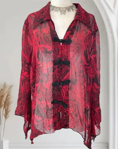 Red Black Whimsygoth Split Sleeve Asymmetric Semi Sheer Mesh Blouse L Size L
