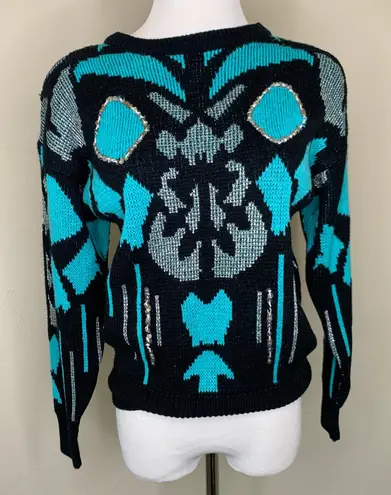 Vintage 90s Black Turquoise Sweater with Silver Sequin Details Sz Medium