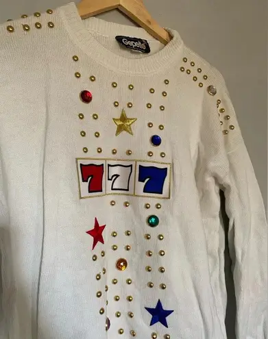 Vintage Gepetto 777 Lucky Number Bejeweled Sweater White Size L