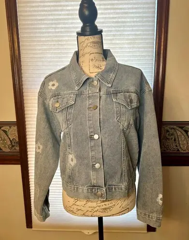 NWOT Miss Sparkling Small Cropped Embroidered w Flowers & Mushroom Jean Jacket Blue