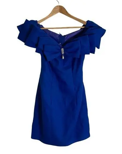 None Royal blue fancy dress w/ bow front w/ blue gloves, jewel, regency core