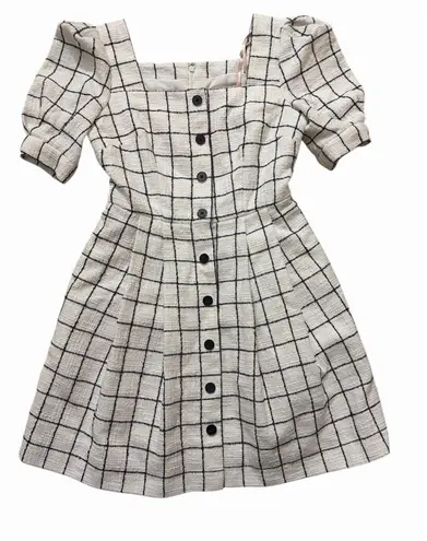 Gal Meets Glam OP Windowpane Check Puff Sleeve Mini Dress White Blue Cotton