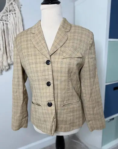 Women’s Vintage 90s Tan Windowpane Holiday Plaid Wool Blazer Suit Jacket Medium
