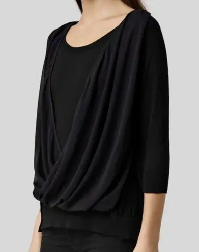 ALL SAINTS Taybar Sheer Cowl Knit Top Black Mixed Media 3/4 Sleeve M