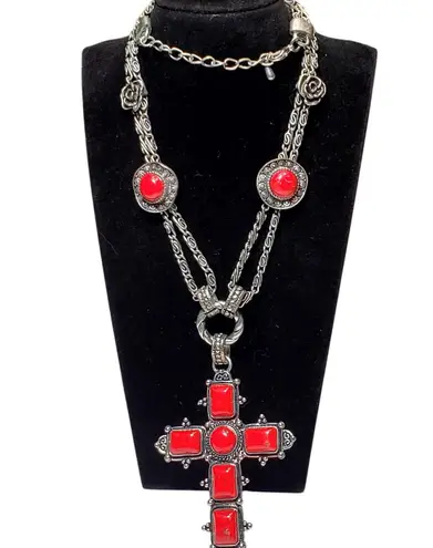 Red Silver Tone Chunky Cross Rose Charms Double Chain Necklace 22" Unsigned