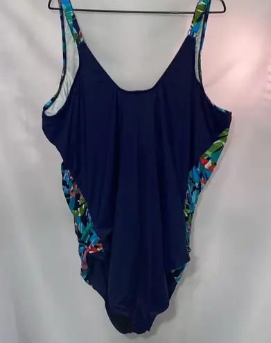 TRIMSHAPER ONE PIECE SWIMSUIT WO PLUS SIZE 30 VIVID PRINT SIDE RUSHING EUC CLEAN Black