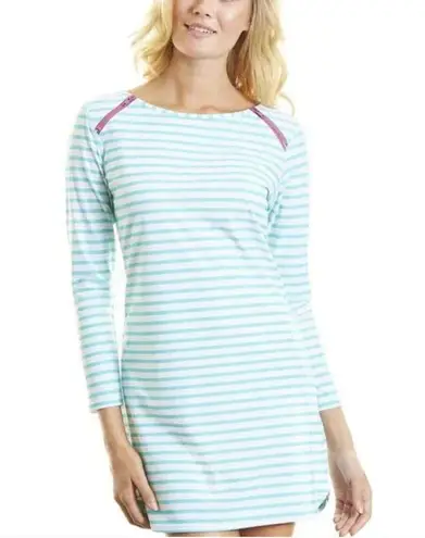Cabana Life Blue Stripe Zipper Cover Up Shift Dress UPF 50+ Size Small White