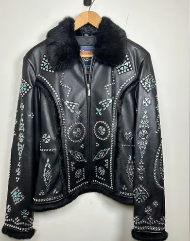 Cripple Creek Genuine Leather Rhinestone and Fur Jacket Black size Medium