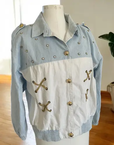Vintage 80s FRESH Studded Gold Embellished Bomber Jacket Blue Cream Women's L Size L