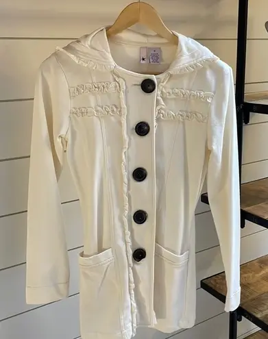 Stella Star Small Cream Hooded Ruffle Long Sweater Jacket w/ Large Wood Buttons