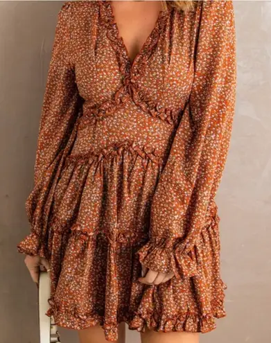 Lulus Admire You Burnt Orange Bubble Sleeve Floral Ruffle Tiered Mini Dress