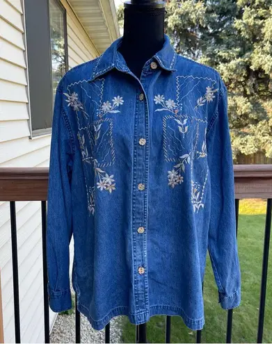 New Direction Floral Embroidered Blue Denim Jean Shirt Jacket Women’s Large