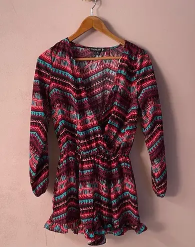 Living Doll Pink|Aqua Chevron Stripe Deep V-Neck Long Sleeve Romper Sz S EUC