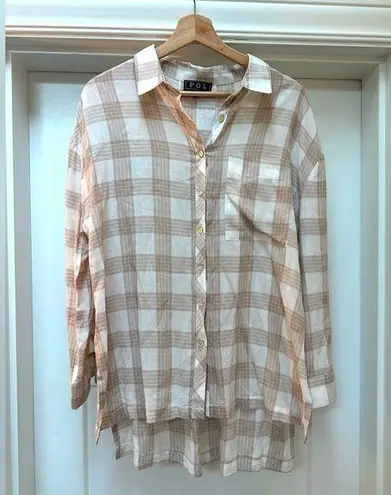 POL  brown and cream plaid button down top - Medium