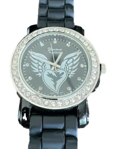 ⭐️ Geneva Platinum Heart With Wings Black Rubber Unisex Watch Stainless Steel