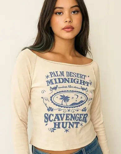 Self Esteem Y2K Graphic Long Sleeve Graphic Top Beige Women's L