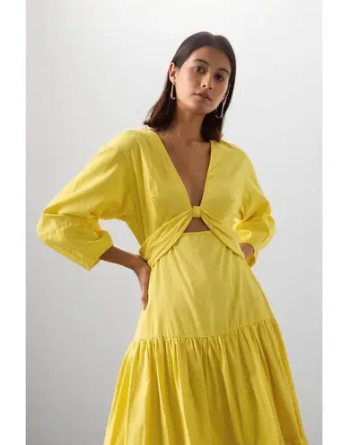 Derek Lam COLLECTIVE Yellow V-Neck Hourglass Twist Front Tiered Mini Dress 36