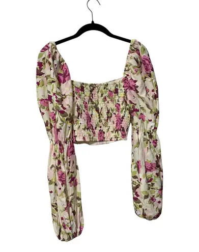 Anthropologie En Saison Cream Pink Smocked Floral Crop Top Size Small